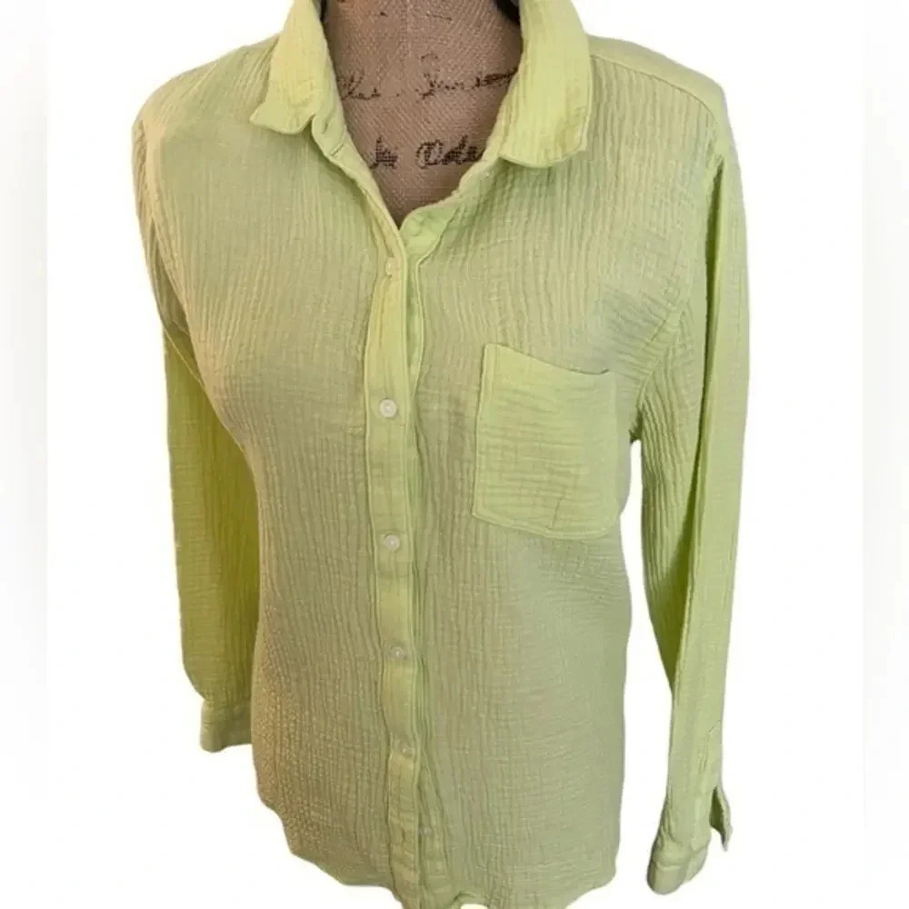 Lucky Brand Textured Cotton Collared Long‎ sleeved Lime Green Blouse M